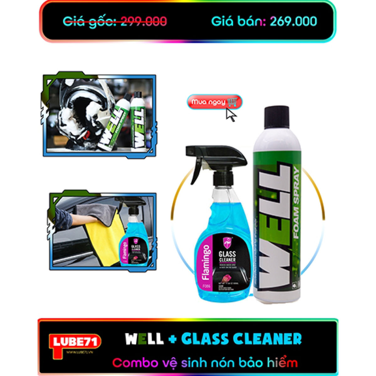 WELL + Glass Cleaner F086 -  Combo vệ sinh nón bảo hiểm đa năng